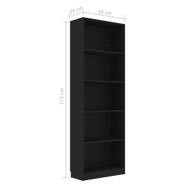  Bücherregal 5 Fächer Schwarz 60x24x175 cm Holzwerkstoff