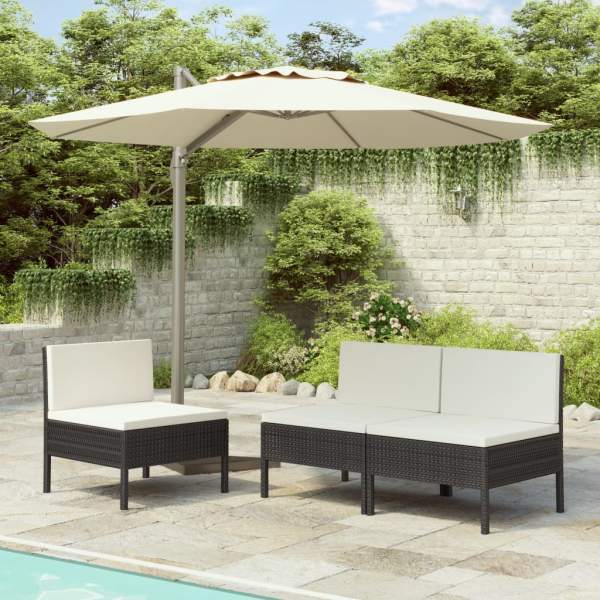  Gartenstühle 3 Stk. mit Auflagen Poly Rattan Schwarz