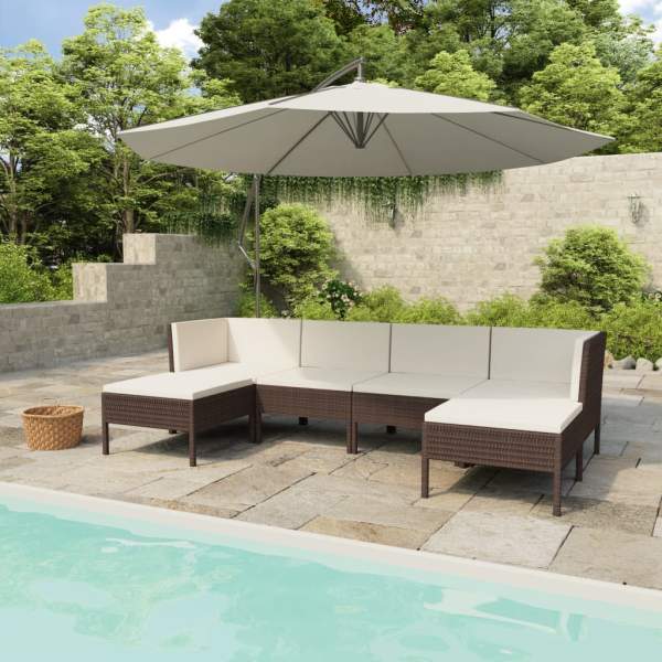  6-tlg. Garten-Lounge-Set mit Auflagen Poly Rattan Braun