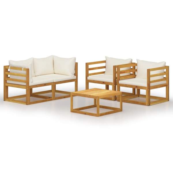  5-tlg. Garten-Lounge-Set mit Auflagen Creme Massivholz Akazie