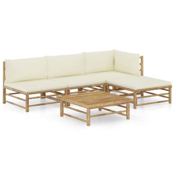  5-tlg. Garten-Lounge-Set mit Cremeweißen Kissen Bambus