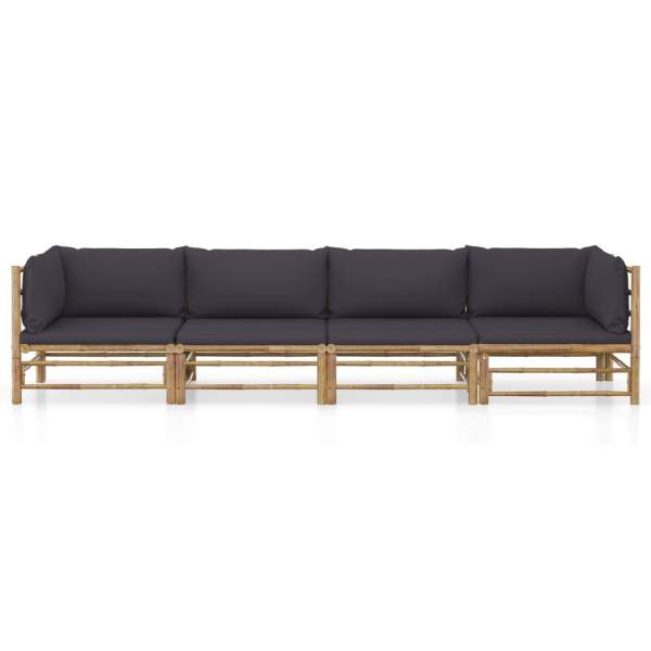  4-tlg. Garten-Lounge-Set mit Dunkelgrauen Kissen Bambus