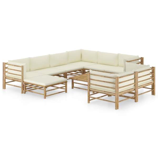  10-tlg. Garten-Lounge-Set mit Cremeweißen Kissen Bambus