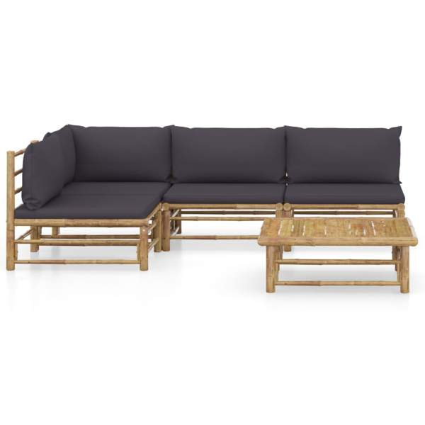  5-tlg. Garten-Lounge-Set mit Dunkelgrauen Kissen Bambus