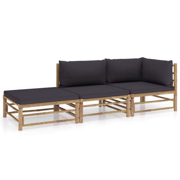  3-tlg. Garten-Lounge-Set mit Dunkelgrauen Kissen Bambus