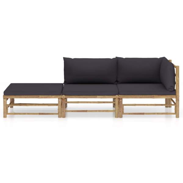  3-tlg. Garten-Lounge-Set mit Dunkelgrauen Kissen Bambus