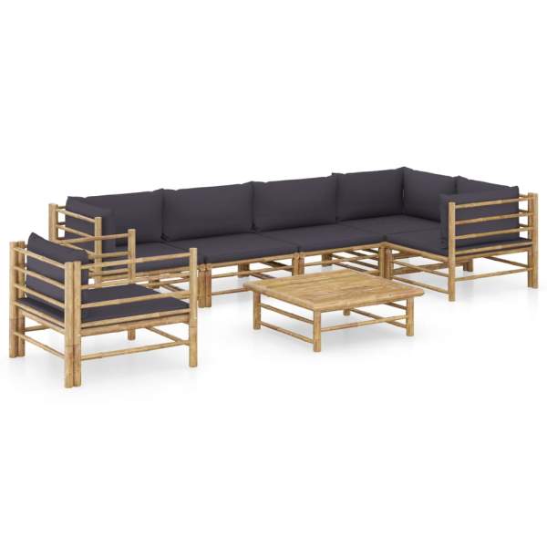  7-tlg. Garten-Lounge-Set mit Dunkelgrauen Kissen Bambus