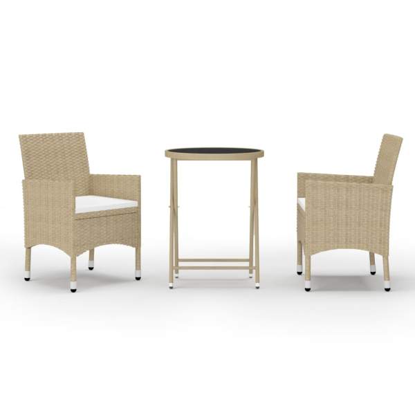  3-tlg. Bistro-Set Poly Rattan und Hartglas Beige