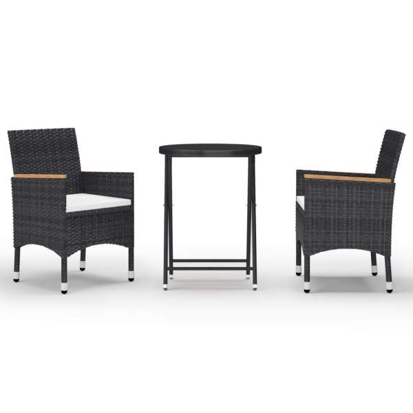  3-tlg. Bistro-Set Poly Rattan und Hartglas Schwarz