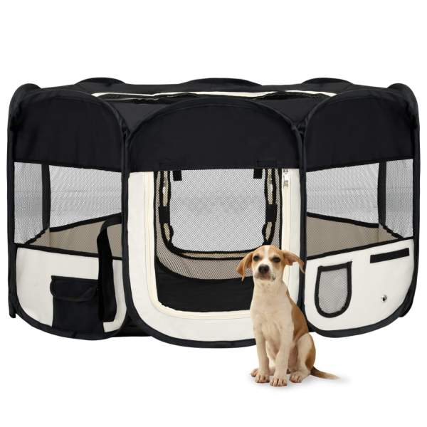  Faltbarer Welpenlaufstall mit Tragetasche Schwarz 145x145x61 cm
