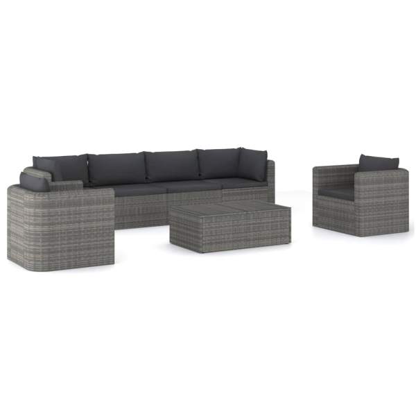  7-tlg. Garten-Lounge-Set mit Kissen Poly Rattan Grau