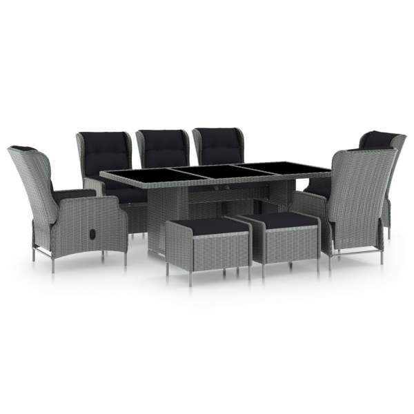  9-tlg. Garten-Essgruppe mit Auflagen Poly Rattan Hellgrau