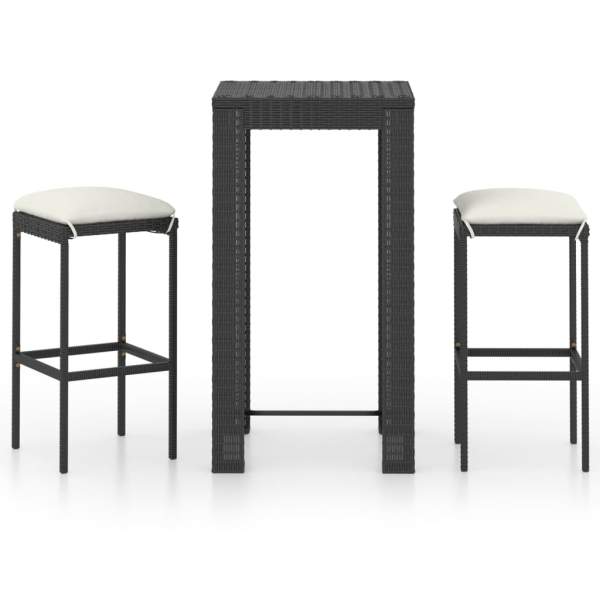  3-tlg. Gartenbar-Set mit Kissen Poly Rattan Schwarz