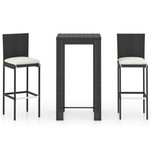  3-tlg. Gartenbar-Set mit Kissen Poly Rattan Schwarz