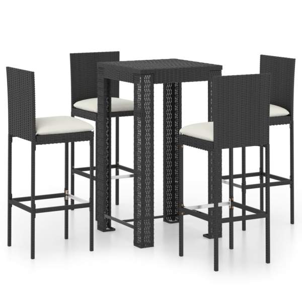  5-tlg. Gartenbar-Set mit Kissen Poly Rattan Schwarz