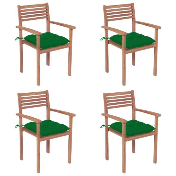  Gartenstühle 4 Stk. mit Grünen Kissen Massivholz Teak