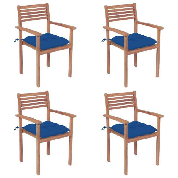  Gartenstühle 4 Stk. mit Blauen Kissen Massivholz Teak