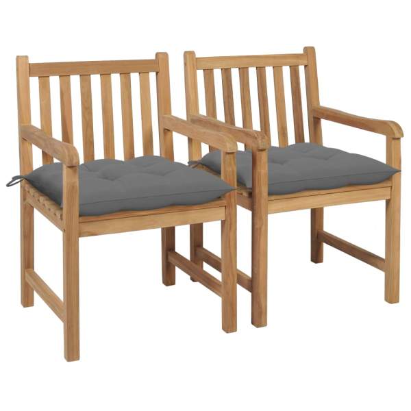  Gartenstühle 2 Stk. mit Grauen Kissen Massivholz Teak