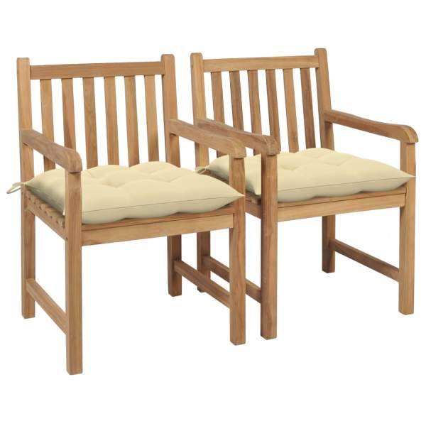  Gartenstühle 2 Stk. mit Cremeweißen Kissen Massivholz Teak