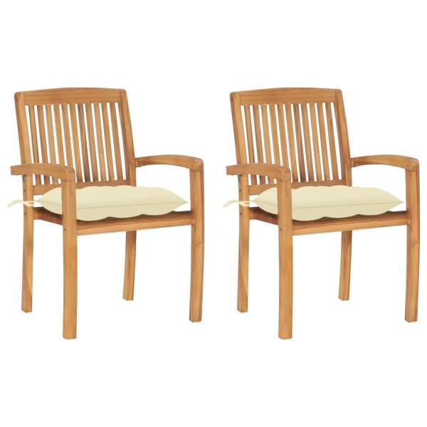  Gartenstühle 2 Stk. mit Cremeweißen Kissen Massivholz Teak