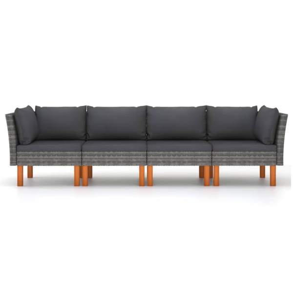  4-Sitzer-Gartensofa mit Kissen Grau Poly Rattan