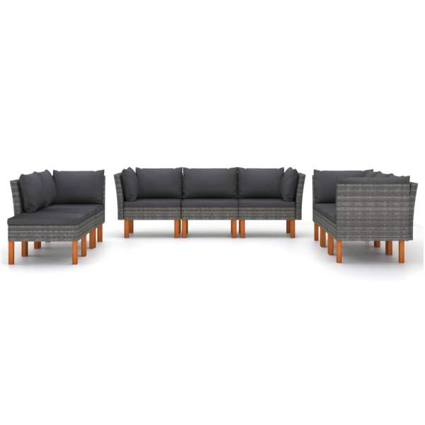  9-tlg. Garten-Lounge-Set mit Kissen Poly Rattan Grau