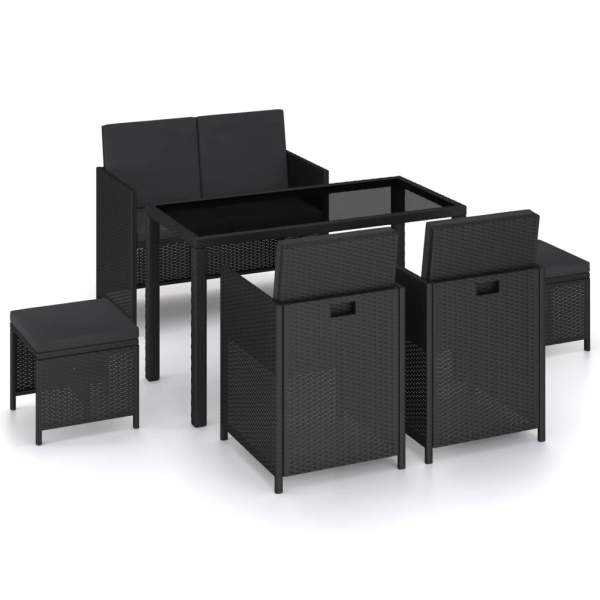  6-tlg. Garten-Essgruppe mit Auflagen Poly Rattan Schwarz