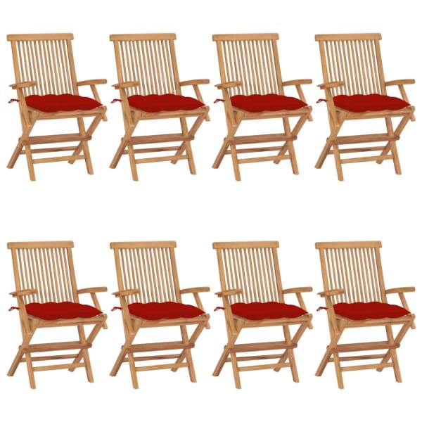  Gartenstühle mit Roten Kissen 8 Stk. Massivholz Teak
