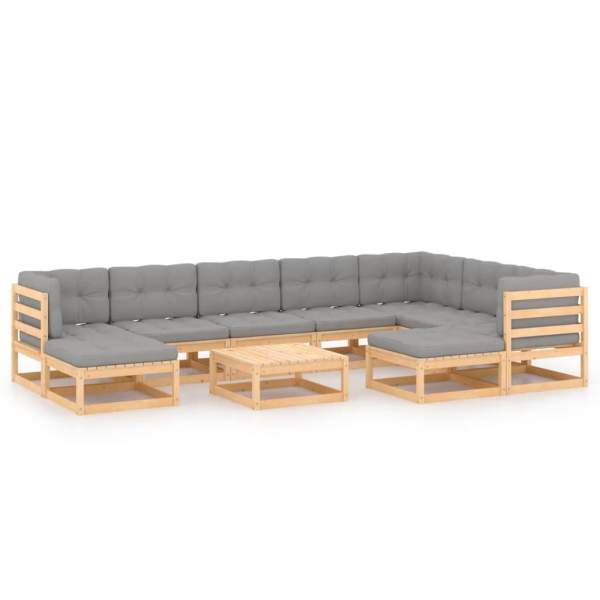  10-tlg. Garten-Lounge-Set mit Kissen Massivholz Kiefer