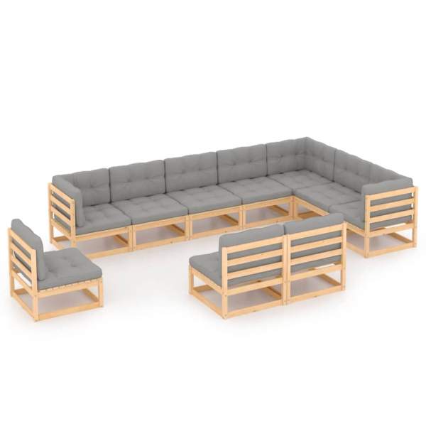  10-tlg. Garten-Lounge-Set mit Kissen Massivholz Kiefer