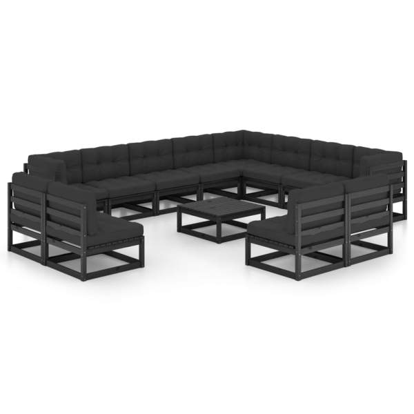  14-tlg. Garten-Lounge-Set mit Kissen Schwarz Massivholz Kiefer