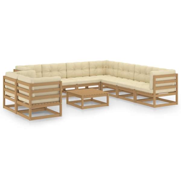  10-tlg. Garten-Lounge-Set mit Kissen Honigbraun Massivholz