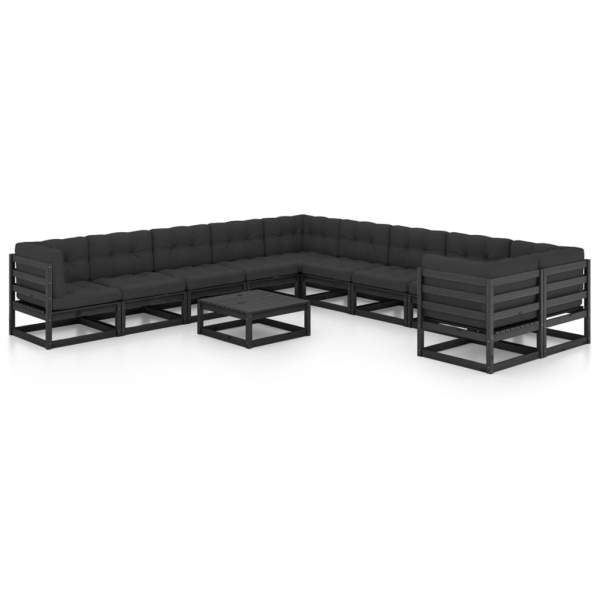  11-tlg. Garten-Lounge-Set mit Kissen Schwarz Kiefer Massivholz