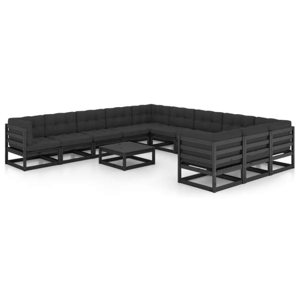  12-tlg. Garten-Lounge-Set mit Kissen Schwarz Massivholz Kiefer