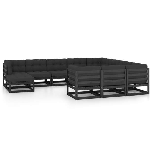  11-tlg. Garten-Lounge-Set mit Kissen Schwarz Kiefer Massivholz