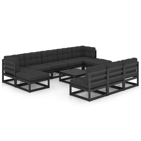  11-tlg. Garten-Lounge-Set mit Kissen Schwarz Kiefer Massivholz