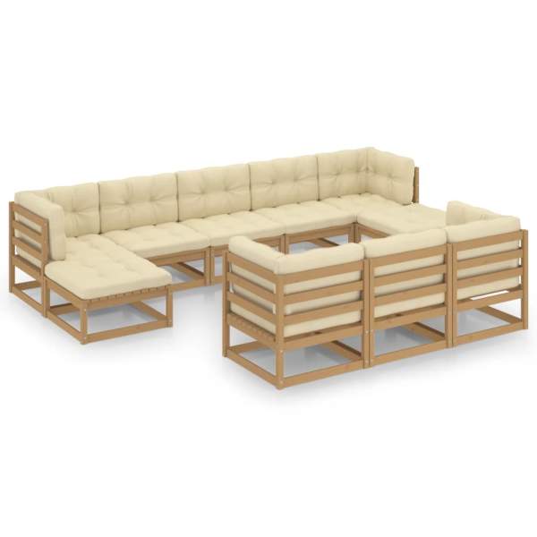  10-tlg. Garten-Lounge-Set mit Kissen Honigbraun Massivholz