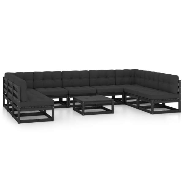  10-tlg. Garten-Lounge-Set mit Kissen Schwarz Massivholz Kiefer