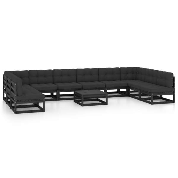  11-tlg. Garten-Lounge-Set mit Kissen Schwarz Kiefer Massivholz