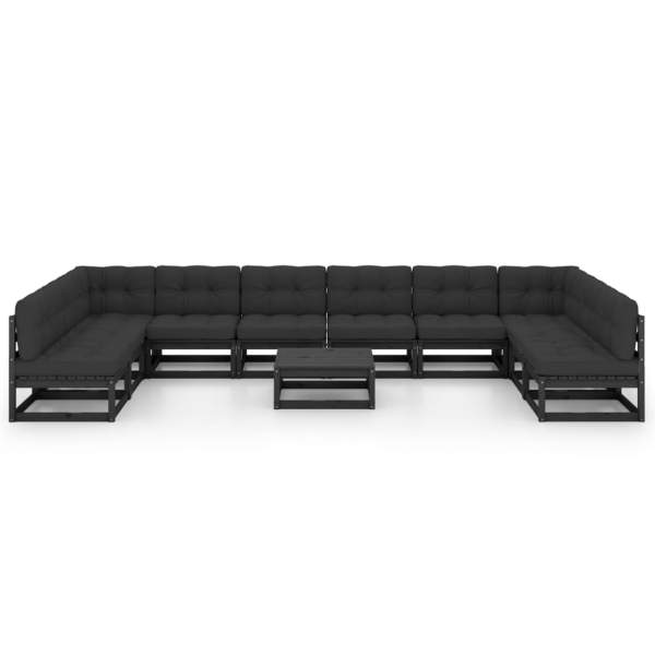  11-tlg. Garten-Lounge-Set mit Kissen Schwarz Kiefer Massivholz