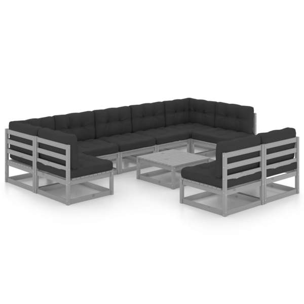  10-tlg. Garten-Lounge-Set mit Kissen Grau Massivholz Kiefer