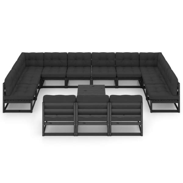  14-tlg. Garten-Lounge-Set mit Kissen Schwarz Massivholz Kiefer