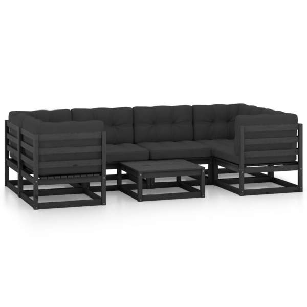 7-tlg. Garten-Lounge-Set mit Kissen Schwarz Massivholz Kiefer