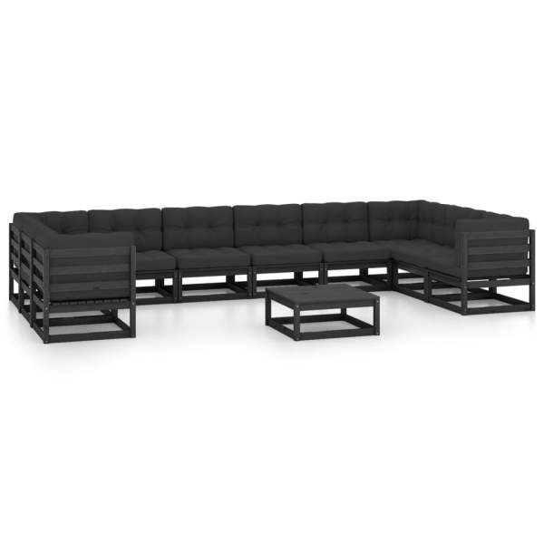  11-tlg. Garten-Lounge-Set mit Kissen Schwarz Kiefer Massivholz