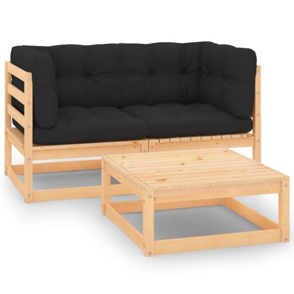  3-tlg. Garten-Lounge-Set mit Kissen Massivholz Kiefer