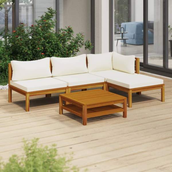 5-tlg. Garten-Lounge-Set mit Creme Kissen Massivholz Akazie