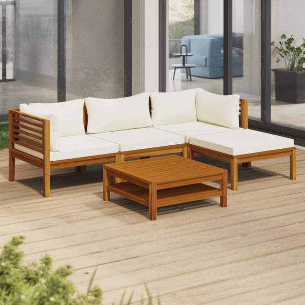 5-tlg. Garten-Lounge-Set mit Creme Kissen Massivholz Akazie