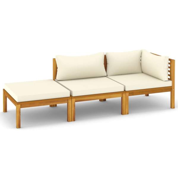 3-tlg. Garten-Lounge-Set mit Creme Kissen Massivholz Akazie